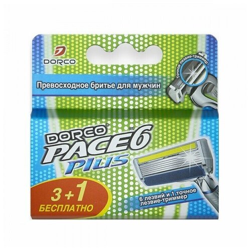 Сменные кассеты Dorco PACE6 Plus (4 кассеты), 6-лезвийные + лезвие-триммер, увл. полоса, крепление PACE dorco pace 6 disposable 4 pack