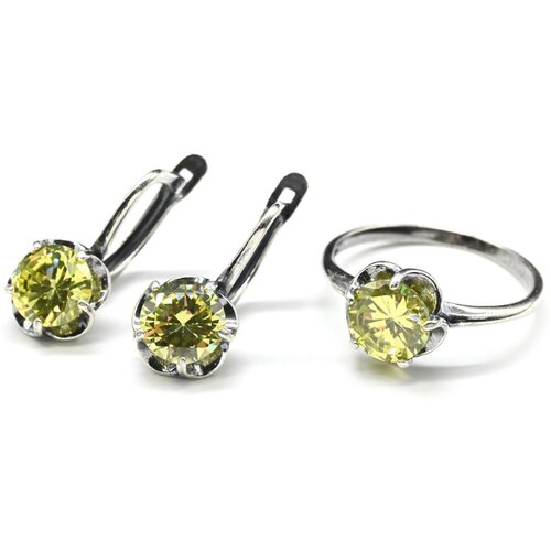 Комплект бижутерии Радуга Камня: кольцо, серьги, циркон, размер кольца 19, желтый