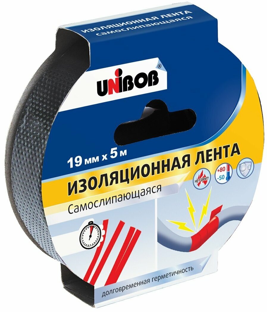 Изолента самослипающаяся Unibob, пвх, 19 мм x 5 м, черная