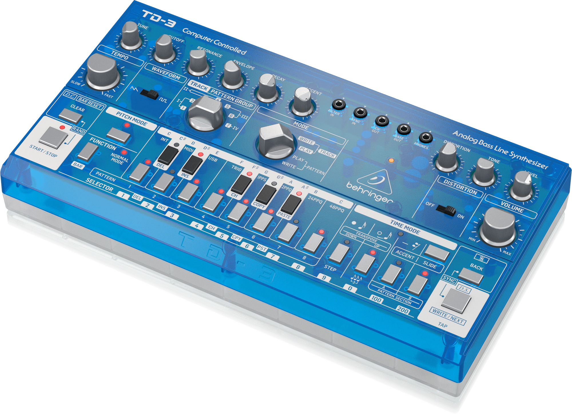 Behringer TD-3-BB басовый синтезатор, встроенный дисторшн, VCO, VCF, VCA, 16-шаговый секвенсор, 16 голосов. Синий