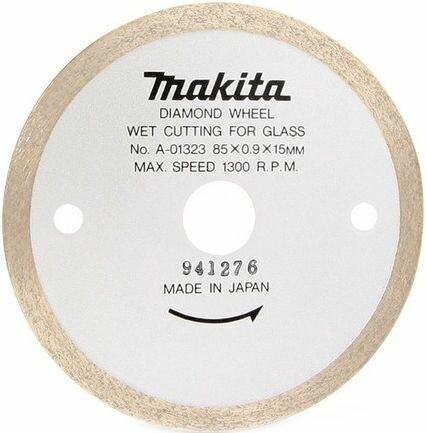 Алмазный диск Makita сплошной по стеклу, 85x15x0, 9x4 мм (мокрый рез), A-01323