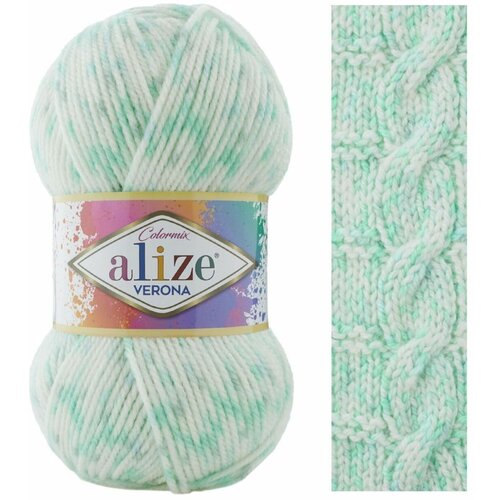 Пряжа для вязания Alize Verona Colormix (Ализе Верона Колормикс)- 5 мотков 7710 белый с мятой, гипоаллергеная для детских вещей, 100% акрил 210м/100г