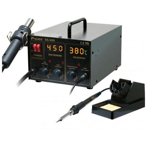 Паяльная станция PRO'SKIT SS-989B, паяльник 60Вт, двухканальная, воздушный поток фена 24л/мин, 220В, 200~450°С, ЖК-дисплей, антистатическая защита