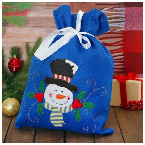 фото Мешок для подарков "снеговик в шляпе" на завязках, цвет синий сима-ленд