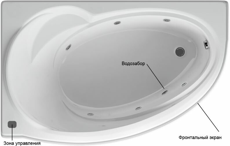 Акриловая ванна Aquatek Бетта 160х97 левая, с гидромассажем Standard (пневмоуправление), с фронтальным экраном