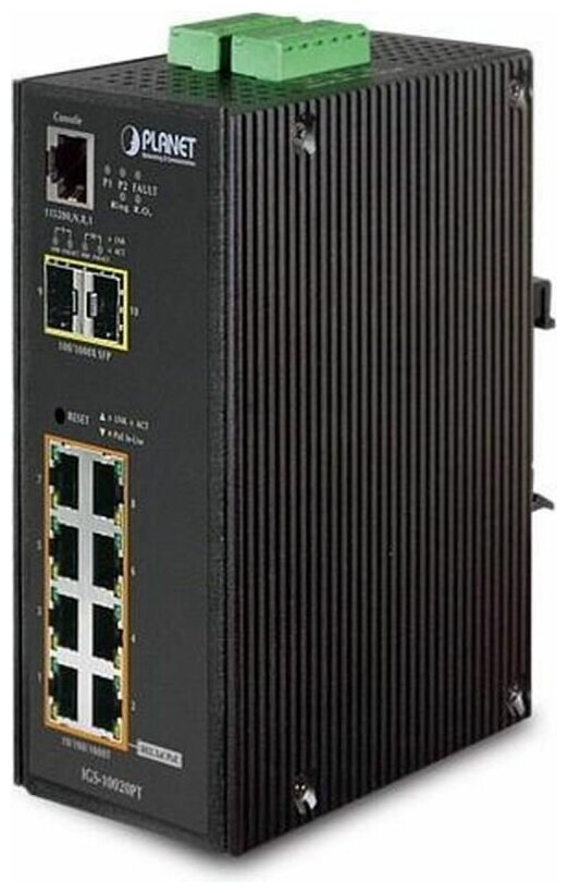 Управляемый коммутатор для рабочих групп Planet IP30 L2+ SNMP Manageable 8-Port Gigabit POE(Af) Switch + 2-Port Gigabit SFP Industrial Switch (-40 to 75 C), ERPS Ring Supported, 1588