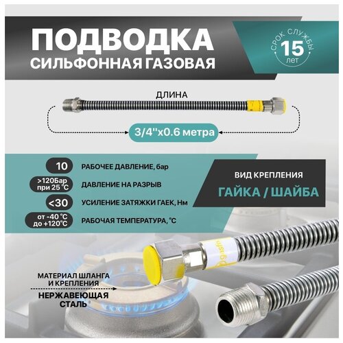 Гибкая сильфонная подводка для газа из нержавеющей стали Gasfix (3/4