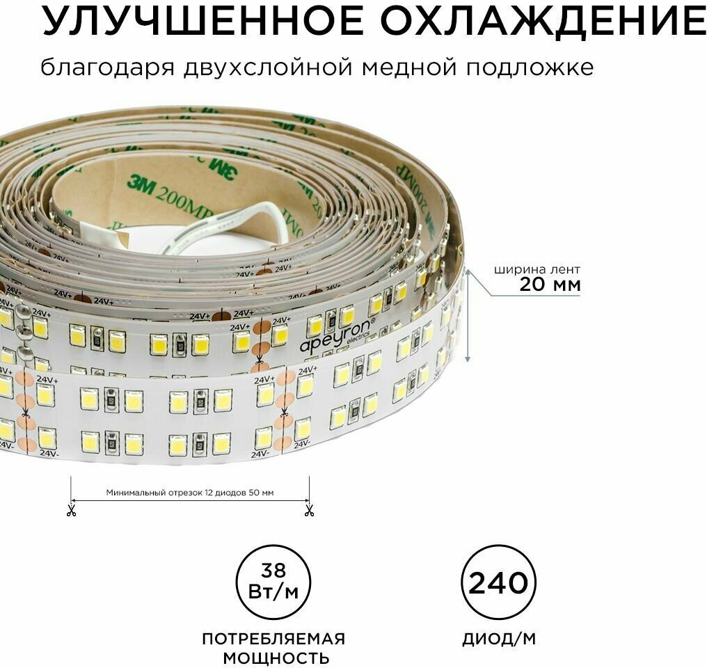 Светодиодная лента Apeyron 38W/m 240LED/m 2835SMD теплый белый 5M - фото №11