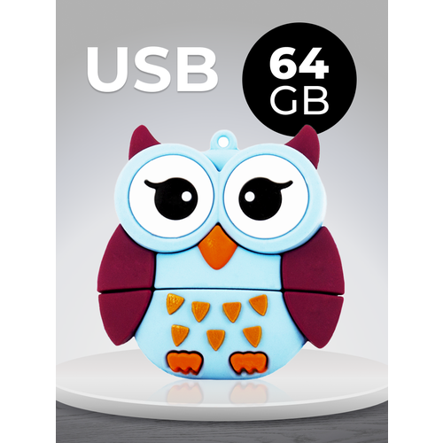 USB Флеш-накопитель 64 ГБ для компьютера и ноутбука / Подарочная металлическая ЮСБ флешка для ПК / Сувенирная флешка 64 GB / Сова голубая