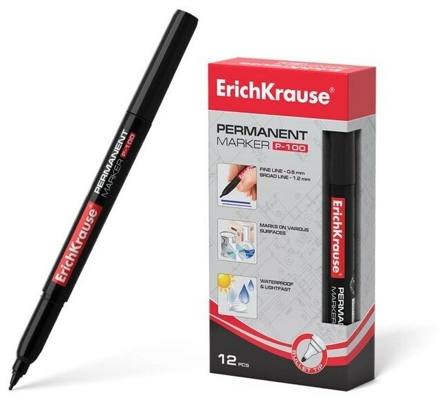 фото Маркер перманентный ErichKrause P-100, 0.5-1.2 мм, чернила на спиртовой основе светостойкие, водостойкие без ксилола, чёрный