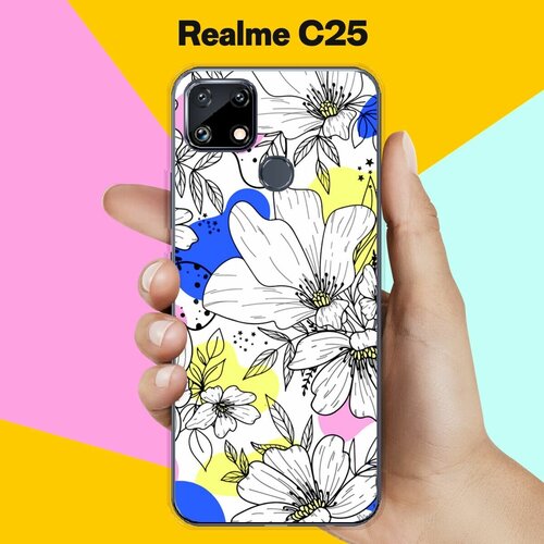 Силиконовый чехол на Realme C25 Белые цветы / для Реалми С25 силиконовый чехол на realme c25 реалми c25 цветы витраж
