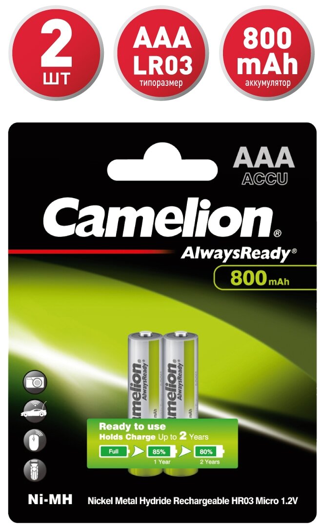 Camelion Aaa- 800mAh Ni-Mh Always Ready BL-2 (nh-aaa800arbp2, аккумулятор, 1.2В)
