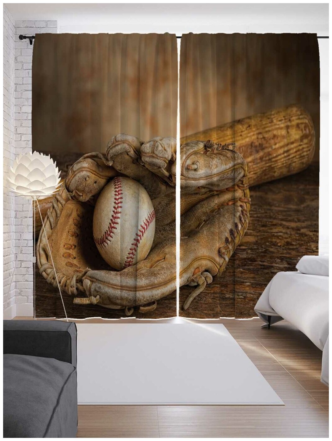 Шторы JoyArty с фотопечатью "Бейсбольная перчатка" из сатена, 290х265 см