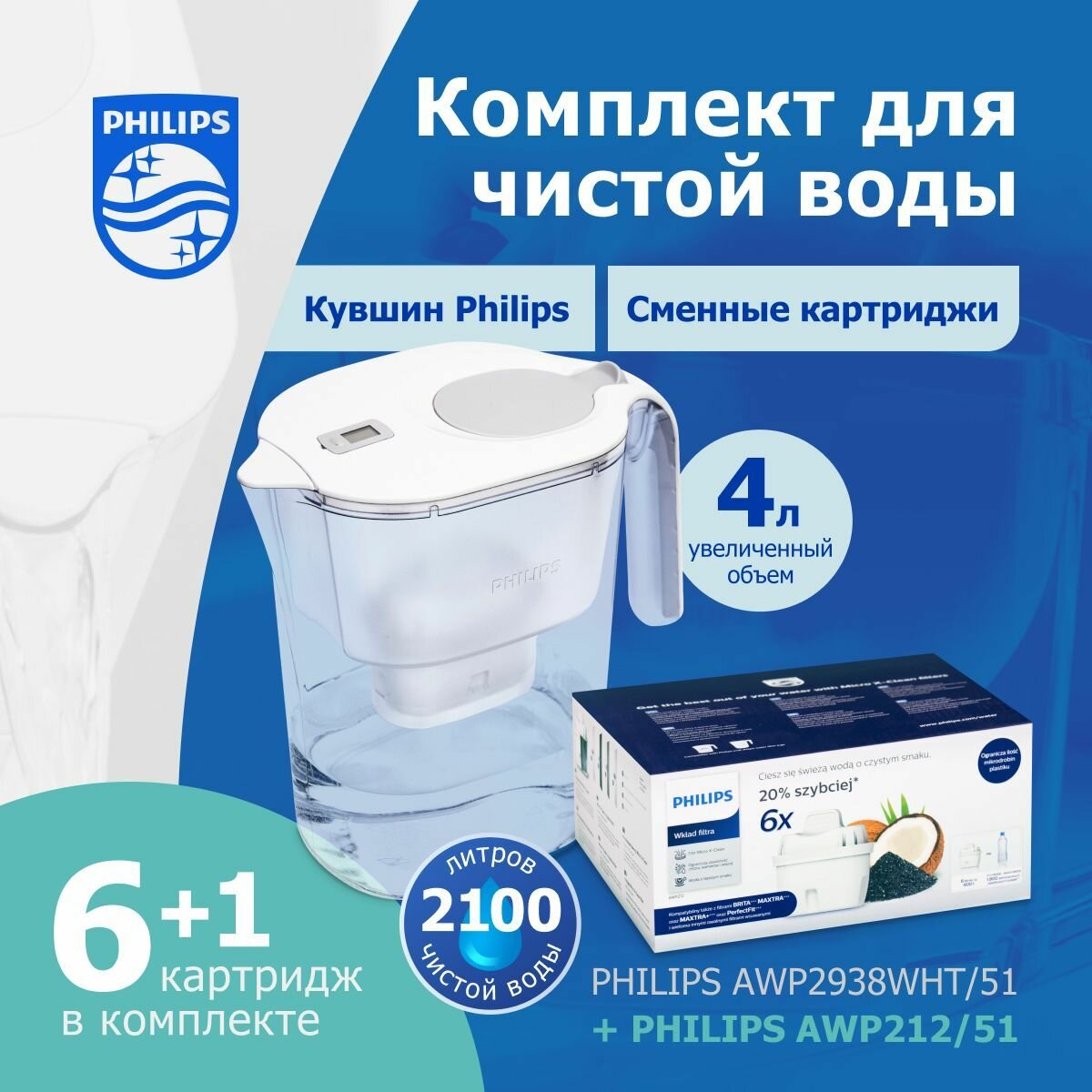 Комплект: кувшин Philips AWP2938WHT/51, 4 л, цифровой таймер + сменные картриджи Philips AWP212/51, 6 шт - фотография № 1