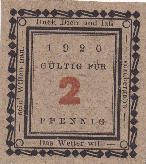 Германия (Веймарская Республика) Вассербург 2 пфеннига 1920 г. (№7)