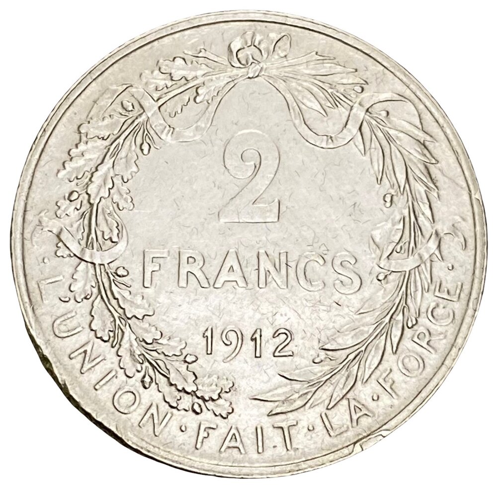 Бельгия 2 франка 1912 г. (Надпись на французском - 'ALBERT ROI DES BELGES')