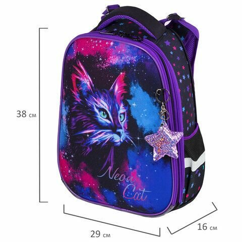 Ранец Brauberg Premium, 2 отделения, с брелком, "Neon cat" + мешок для обуви + пенал с наполнением + папка А4 текстиль — фото 1