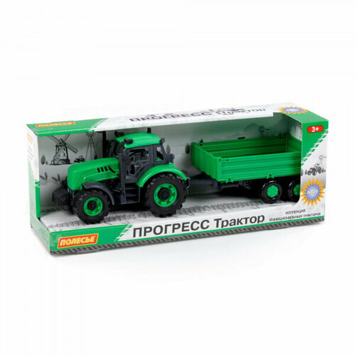 фото Трактор прогресс с бортовым прицепом инерционный зеленый в коробке не указан