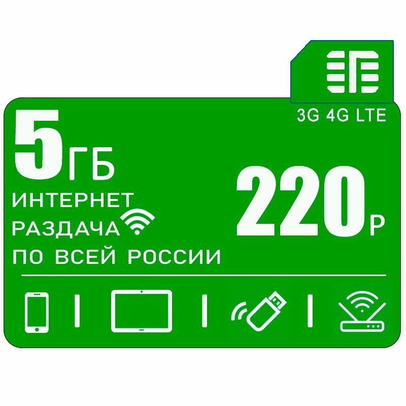 Сим карта c интернетом и раздачей по России 5ГБ за 220р/мес