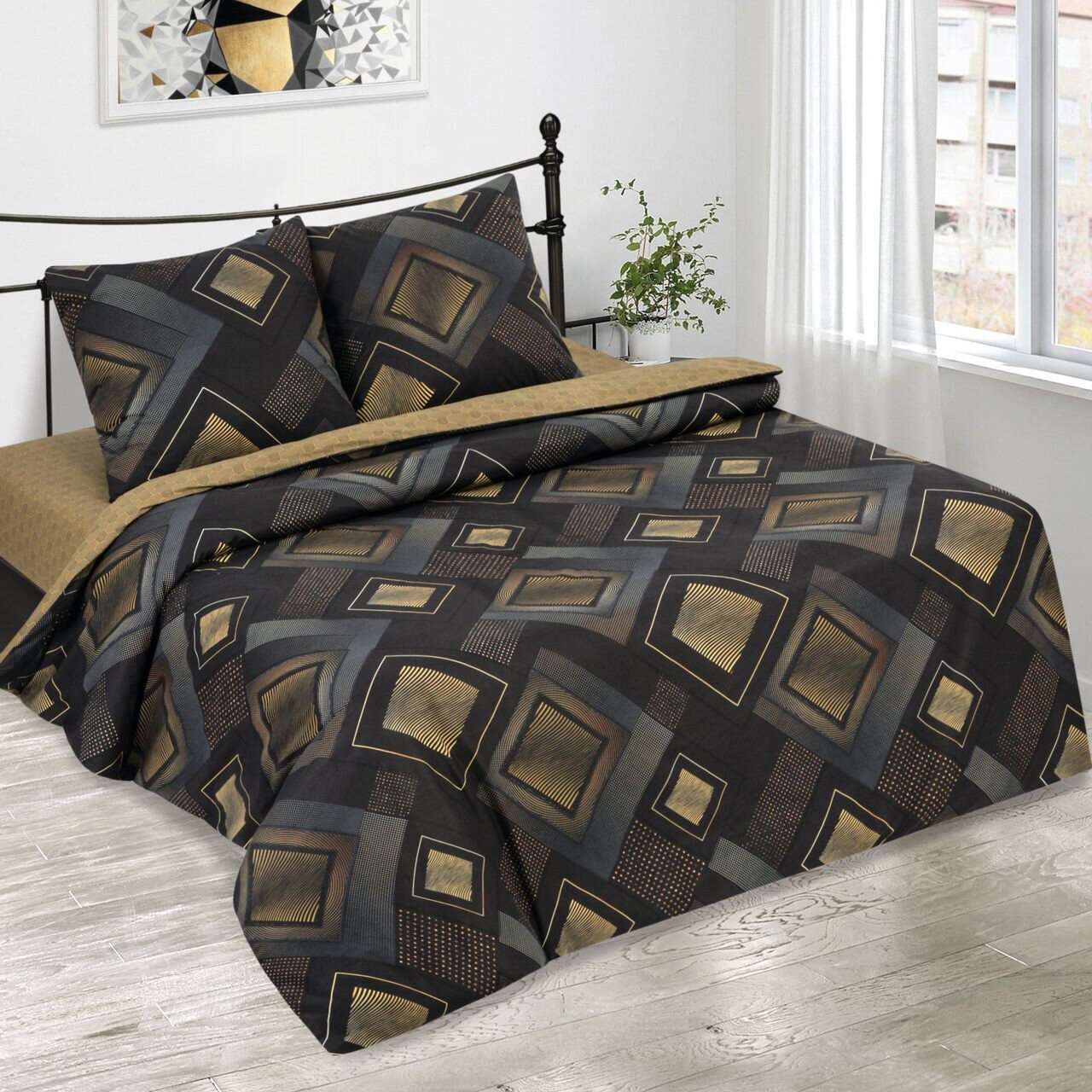 фото Белье из поплина с простыней на резинке Оливер Артпостель (черный-бежевый), Евро (наволочки 70x70)