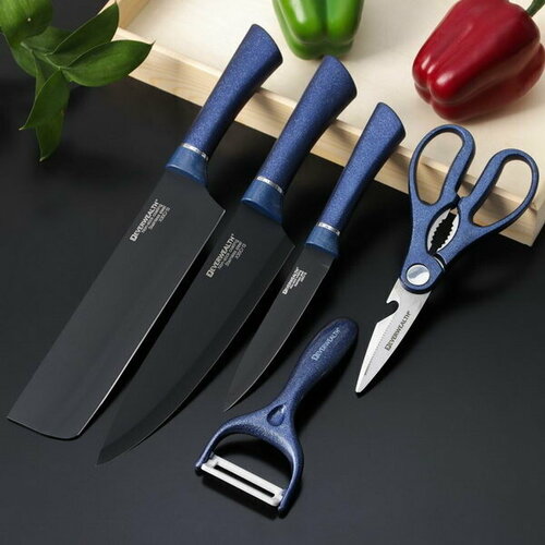 Набор кухонных принадлежностей Blades, 5 предметов: 3 ножа, овощечистка, ножницы в комплекте, цвет синий