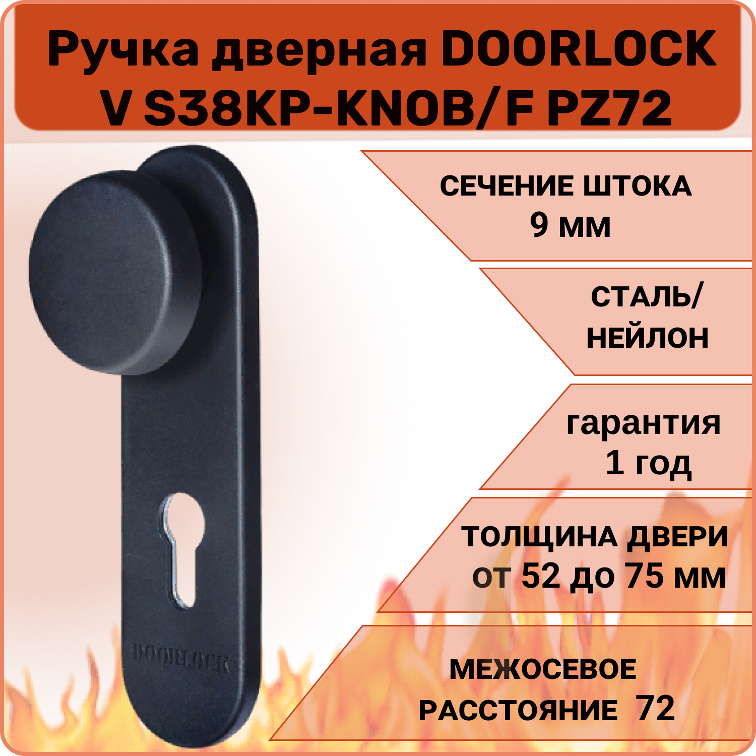 Ручка дверная противопожарная DOORLOCK V S38KP-KNOB/F PZ72, черная
