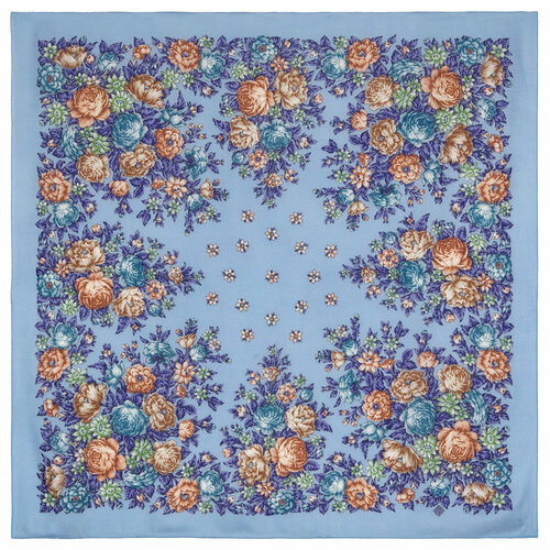 Платок Павловопосадская платочная мануфактура,115х115 см, коралловый, голубой павловопосадский платок 10585 13