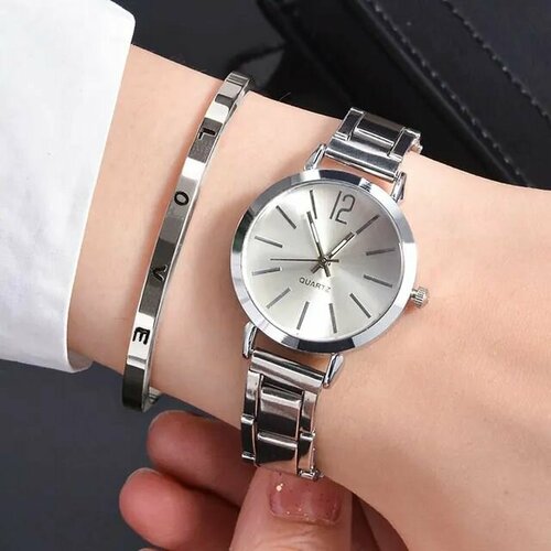 фото Наручные часы комплект женский с металлическим браслетом с надписью love, серебряный time lider