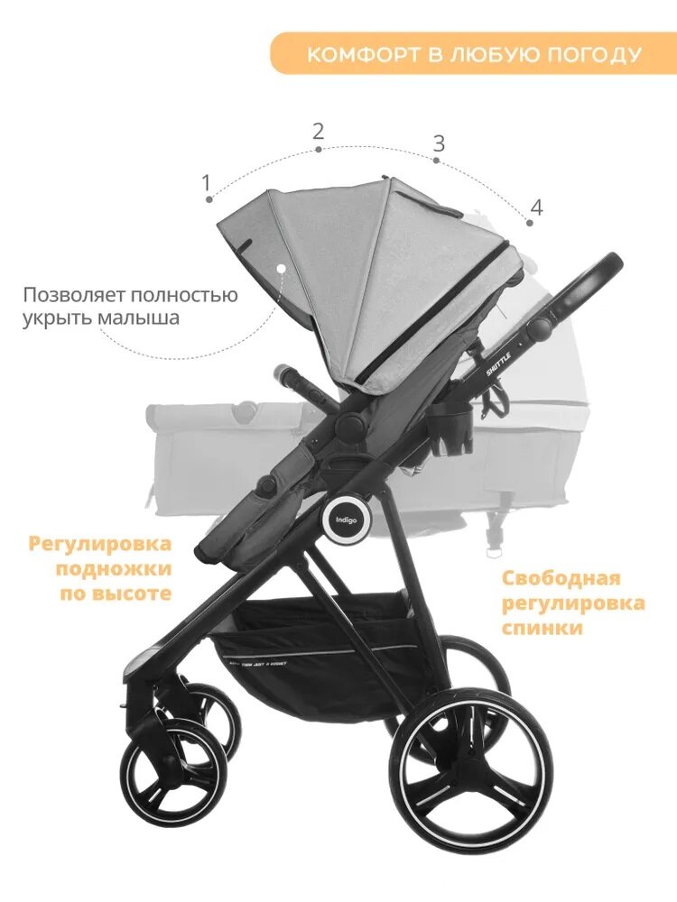 Коляска-трансформер 2 в 1 Indigo SHUTTLE, светло серый-темно серый