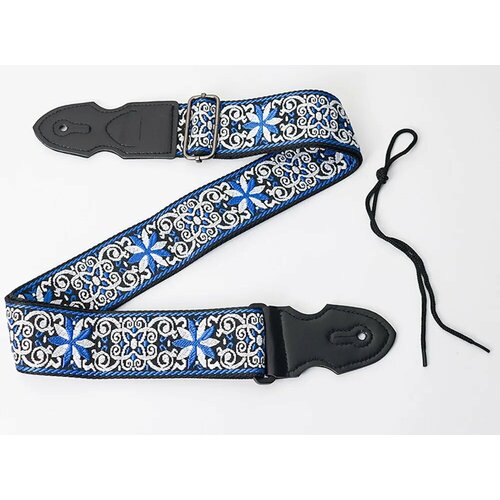 Ремень для акустической и классической гитары с этническим рисунком. Хлопок. 150 см. Синие и белые цветы