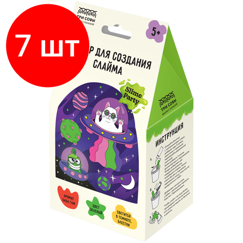 Комплект 7 шт Набор для созслайма ТРИ совы Slime party Кото-пришельцы зеленый наполнение - блестки светится в темноте аромат бабл гам картонная коробка 1892₽