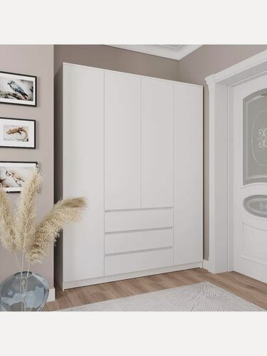 Изображение товара Шкаф, ЛДСП, белый, 210 см, 12 полок, шариковые направляющие, 4 двери, 3 ящика