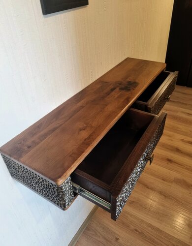 Изображение товара Тумба длина 220 см, консоль подвесная в прихожую, дизайнерская, из массива ясеня, карагача, дуба, авторский дизайн, два ящика