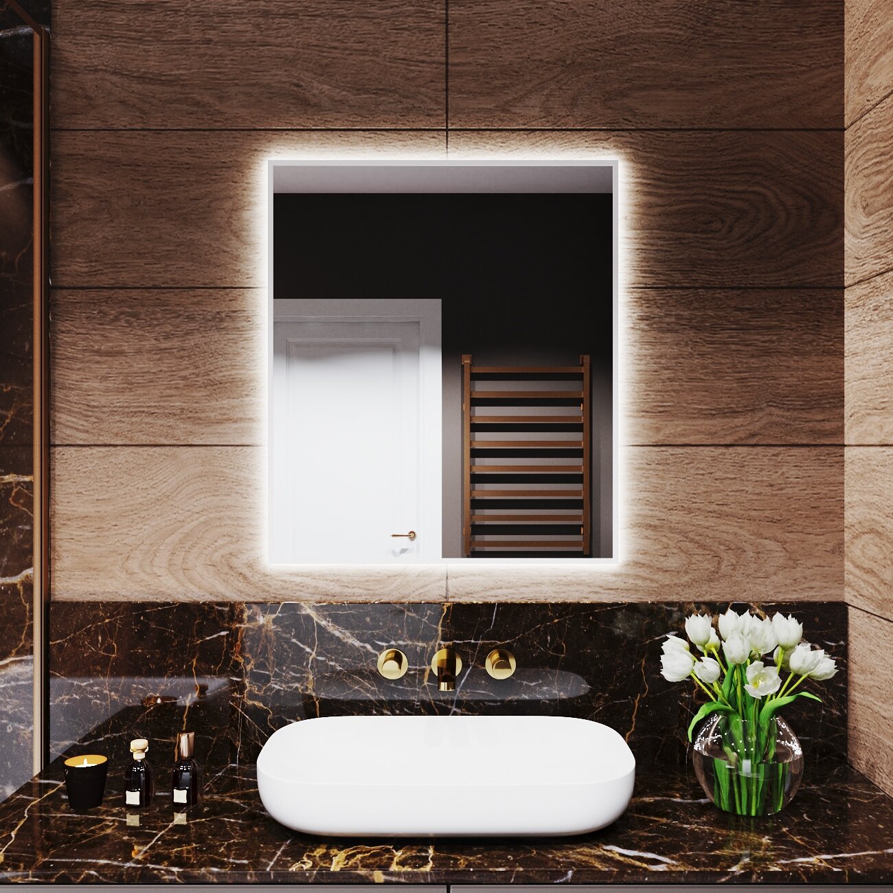 Зеркало с подсветкой в алюминиевой раме настенное Market-house 70х70 см. Свет: Нейтральный Белый 6000К. Белое