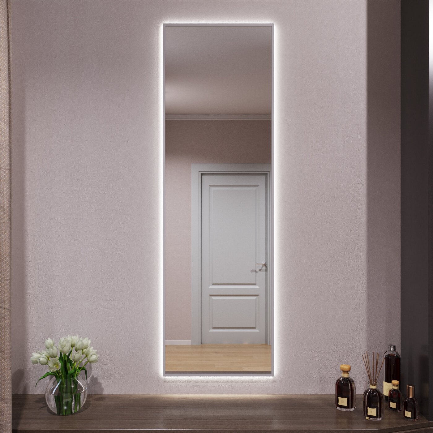 Зеркало с подсветкой в алюминиевой раме настенное Market-house 140х40 см. Свет: Нейтральный Белый 6000К. Серебро