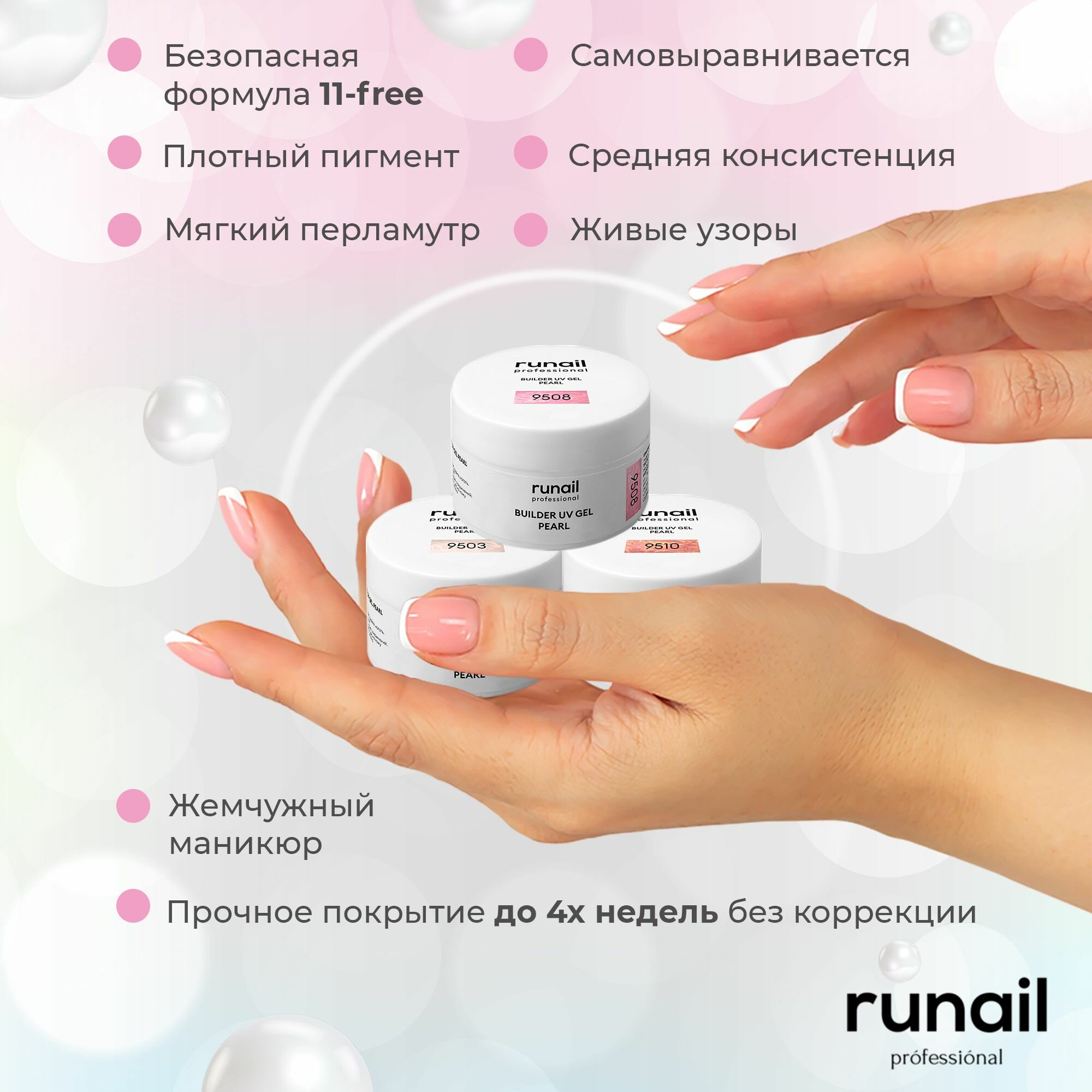Гель для наращивания ногтей RuNail Professional перламутровый камуфлирующий, набор 3 шт. по 15 мл. — фото 1