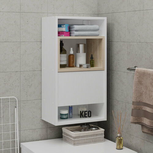Шкаф навесной распашной Кео ШКН-464 белый и дуб сонома с полками для вещей для ванной в туалет прихожую на балкон 4493₽