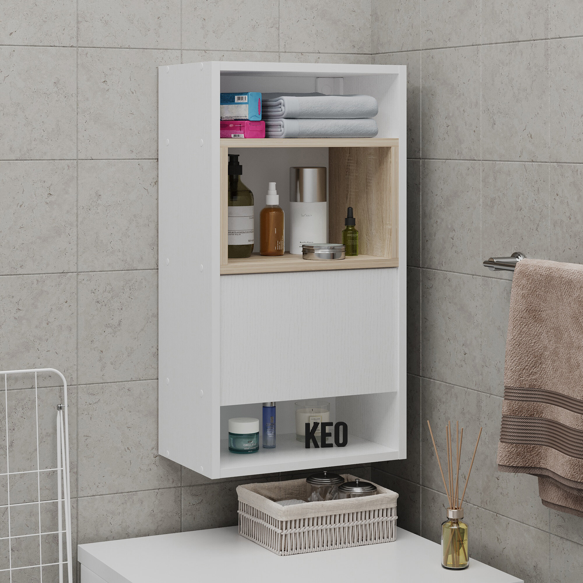 фото Шкаф навесной распашной Кео ШКН-464 белый и дуб сонома с полками для вещей для ванной в туалет прихожую на балкон