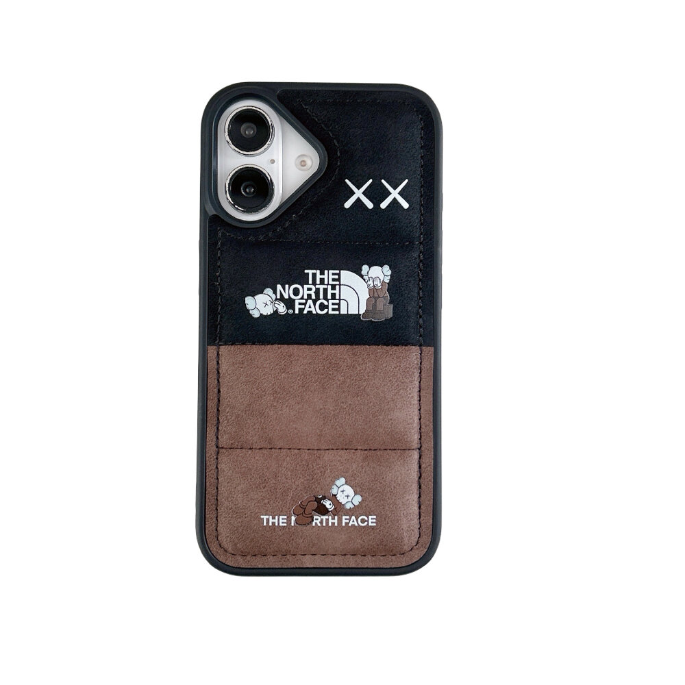 Чехол для iPhone 16 черный / коричневый силиконовый дутый пуховик North Face (под замшу)