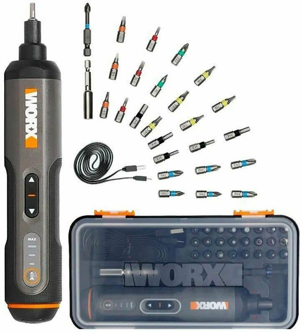 Аккумуляторная отвертка Worx WX240 4В, 5Нм, 1,5 Ач с набором оснастки