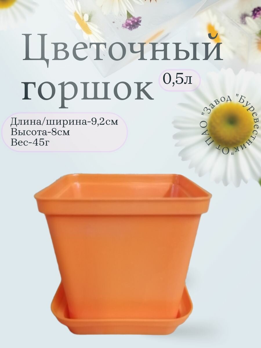 Буревестник Горшок для цветов маленький пластиковый, квадратный с поддоном 0,5 л
