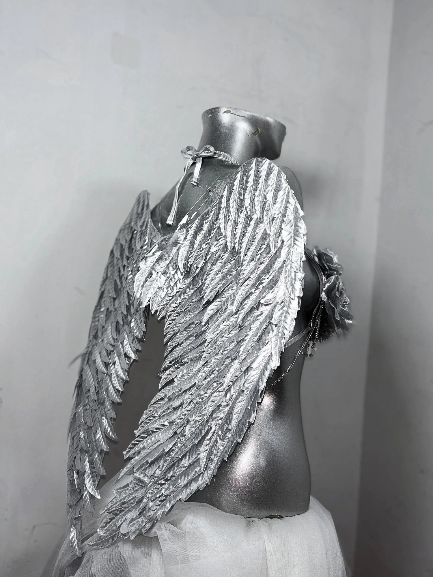 Godivana Flash Rhinestone Body Chain 3D Flower Bra Top silver wing