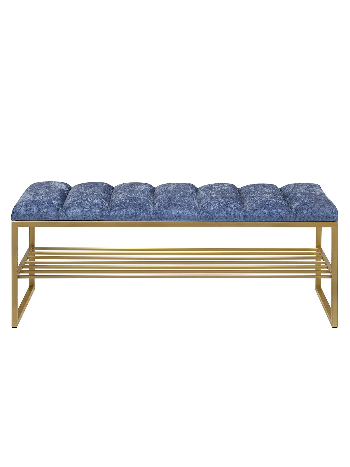 Банкетка в прихожую GREENWEEN RUBY, золотая, микрошенилл Steel Blue, стяжка Bulon, 1100х400х450 — фото 1