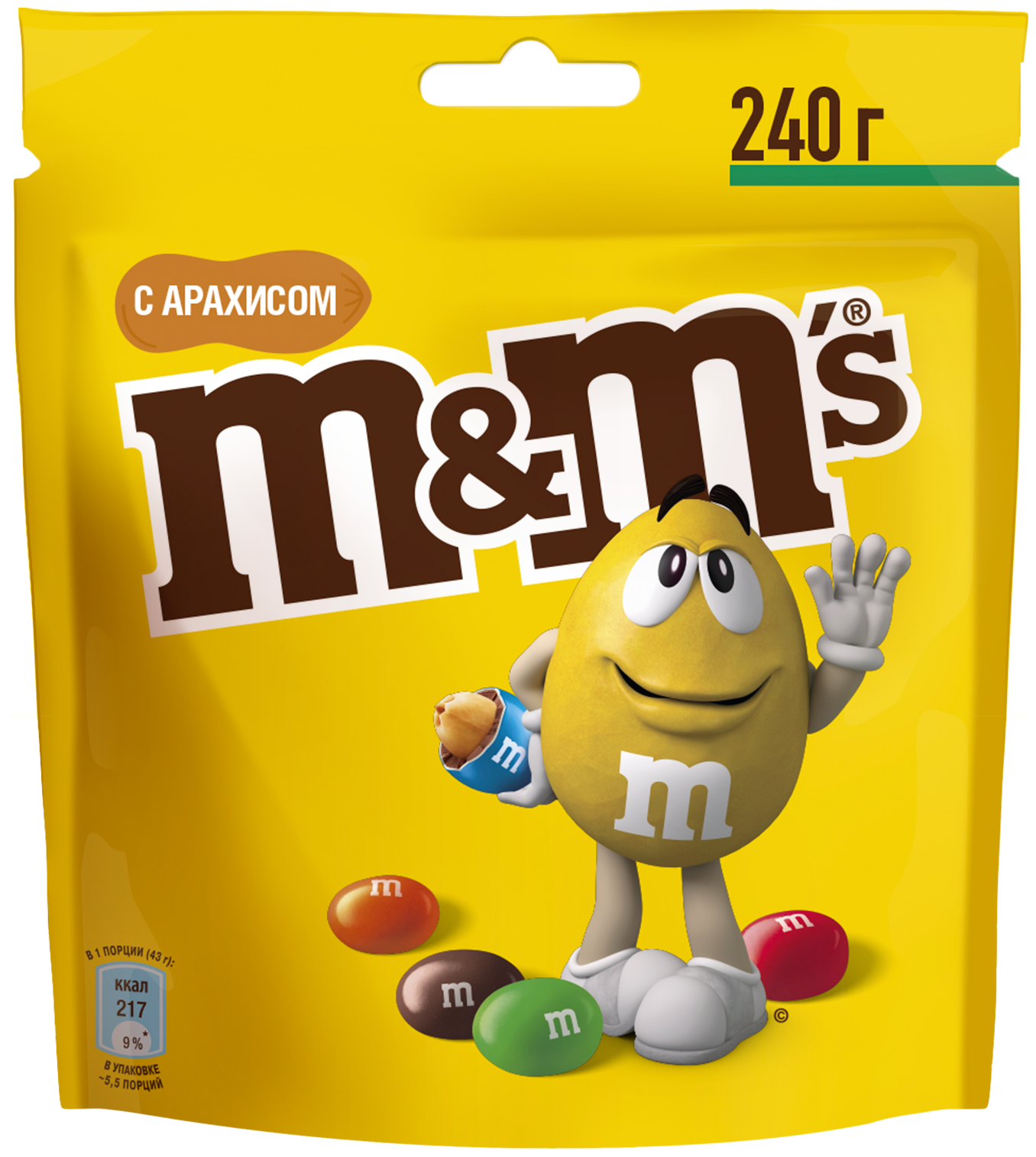 M&M's ассорти драже с арахисом и молочным шоколадом, 240 г, пакет пластиковый