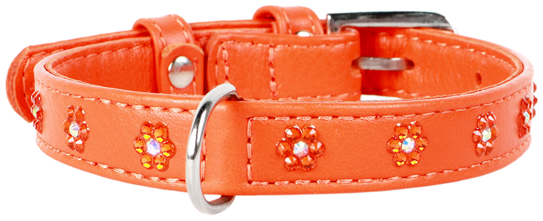 Ошейник WAUDOG Glamour "Цветочек" для собак кожаный, с QR паспортом, с клеевыми стразами, Ш 12 мм, Дл 21-29 см оранжевый