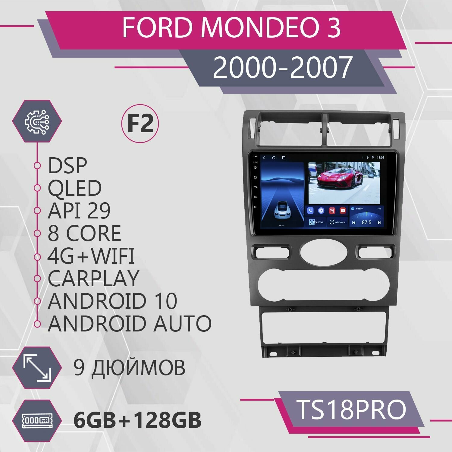 Штатная магнитола TS18Pro/6+128GB/ Ford Mondeo 3 F2/ Форд Мондео 3/ Под климат контроль/ головное устройство/ мультимедиа/ автомагнитола/ 2din/android