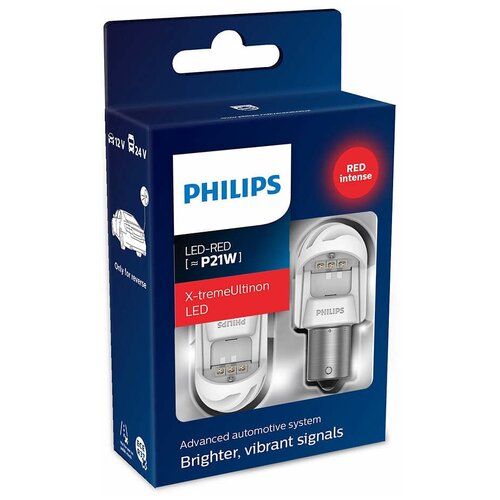 Лампа светодиодная Philips P21W 12V-LED (BA15s) 2.3W RED X-tremeUltinon LED gen2 (к.уп.2шт.)