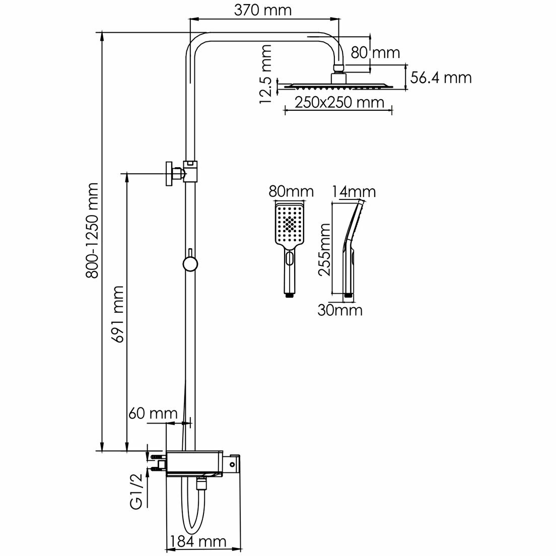 Душевая система для ванны WasserKRAFT (A114.255.130. CB Thermo) с термостатом, черная
