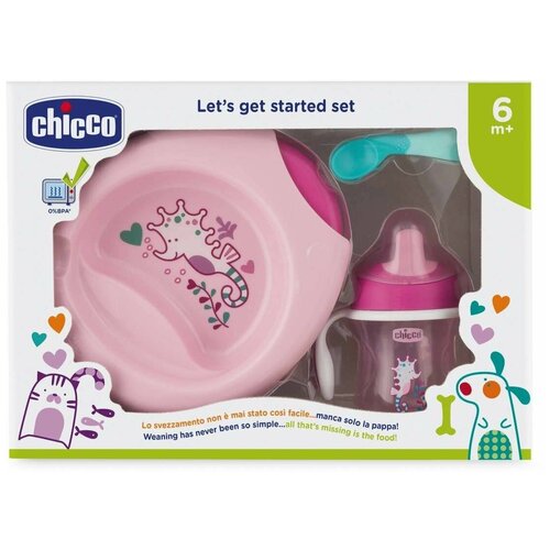 Комплект посуды Chicco 6 м+, 4 предмета, розовый fashion solid silicon plate set for baby kids training feeding dinnerware baby learning plate set with fork spoon bpa free