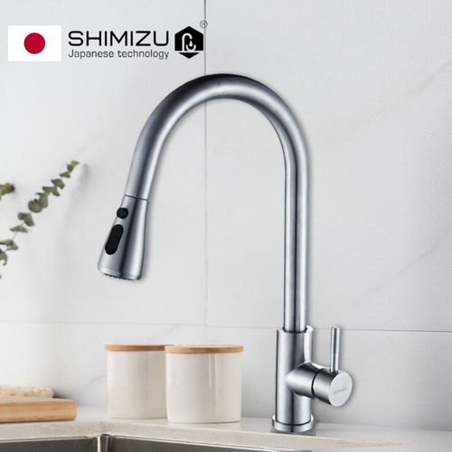 Смеситель для кухни SHIMIZU High-pull с выдвижным изливом и режимом душ, сатин смеситель для кухни shimizu high pull с выдвижным изливом и режимом душ сатин